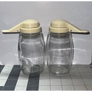 2 Vintage Gemco & Sierra Shaker Co Glass Dispensers Beige Ivory Plastic Lid